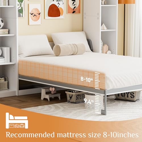 Queen Murphy Bed with Storage Bookcase & 4 Adjustable Shelves, White Wood Wall Bedframe with Metal Legs I668