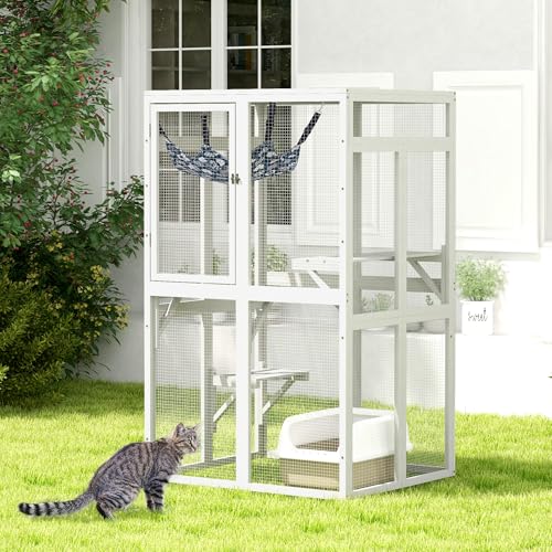 White Wooden Cat Enclosure with 3 Platforms A834