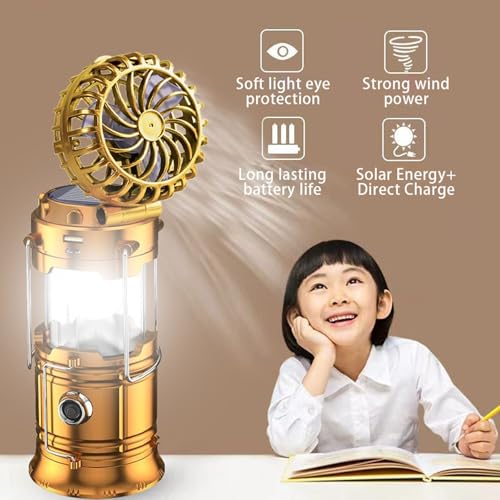5-in-1 Portable LED Camping Lantern with Fan, Solar/USB Rechargeable, Lightweight ABS (Silver, 17.7X10X7.7cm) E9502