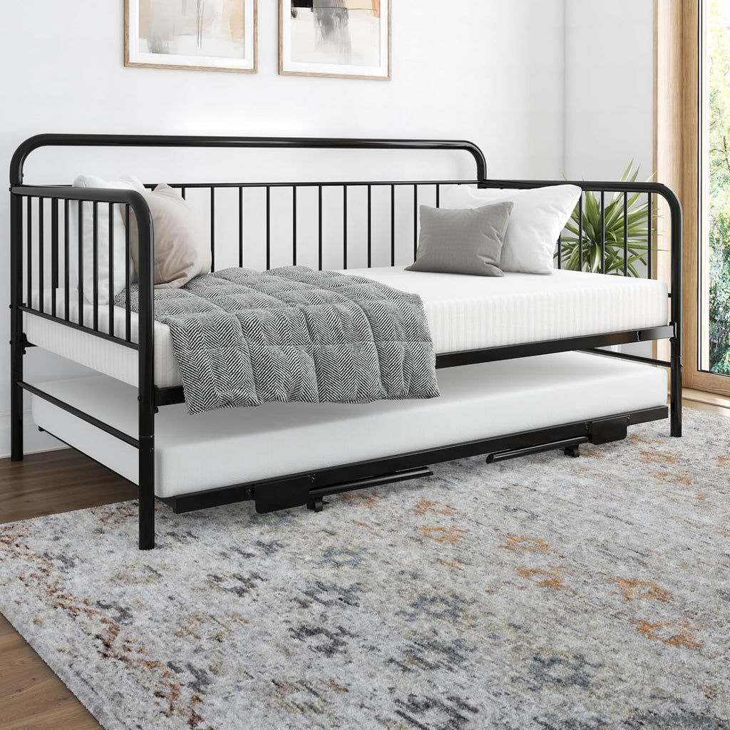 Black Metal Twin Daybed with Pop Up Trundle Bed T5221