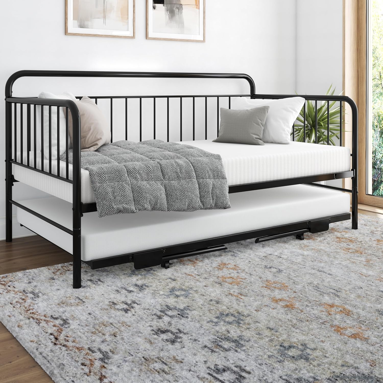 Black Metal Twin Daybed with Pop Up Trundle Bed T5221