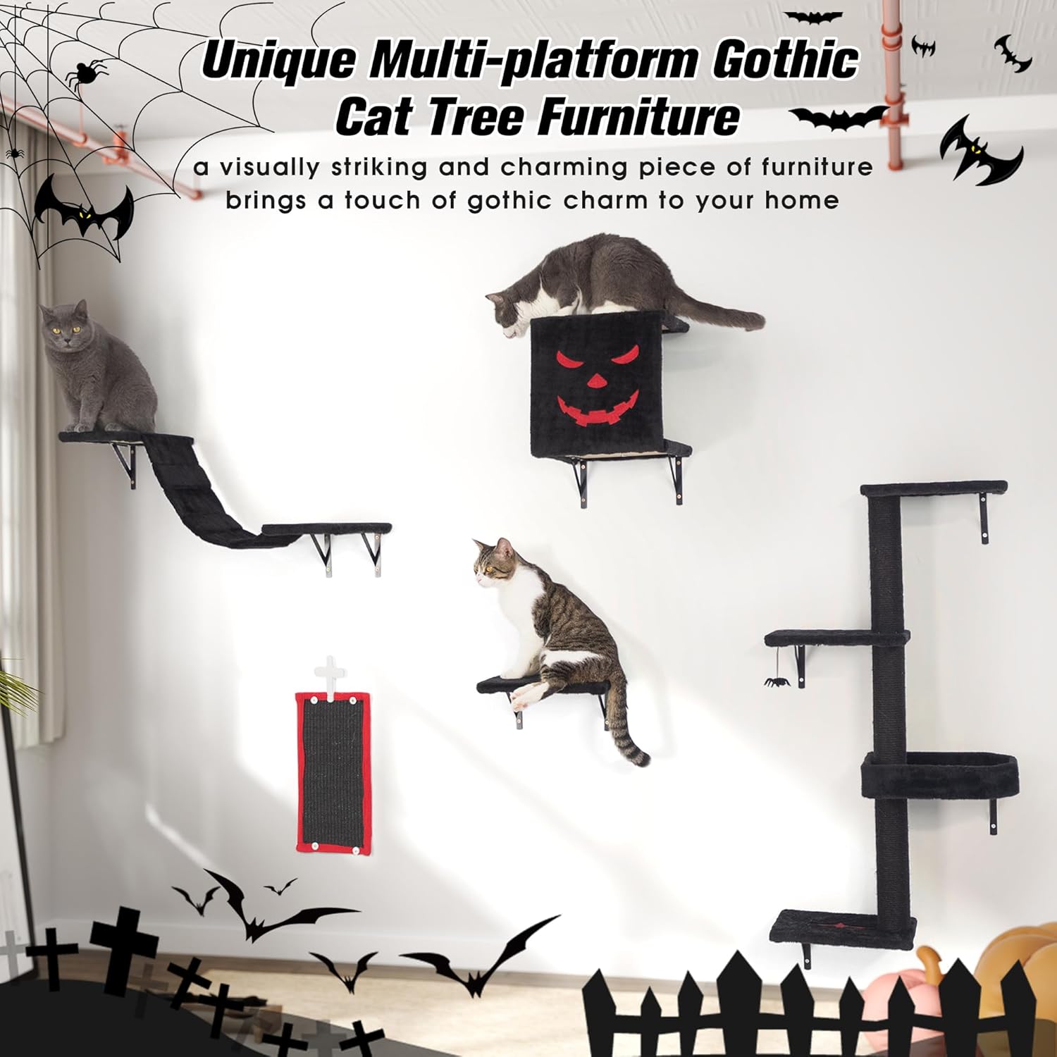5-Piece Cat Wall Furniture Set with Shelves, Scratcher, Bridge & Perch M97938