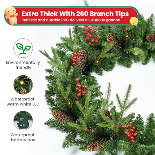 9ft Pre-Lit Artificial Christmas Garland with Pine Cones & Red Berries T8849
