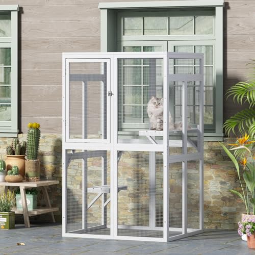 White Wooden Cat Enclosure with 3 Platforms A834