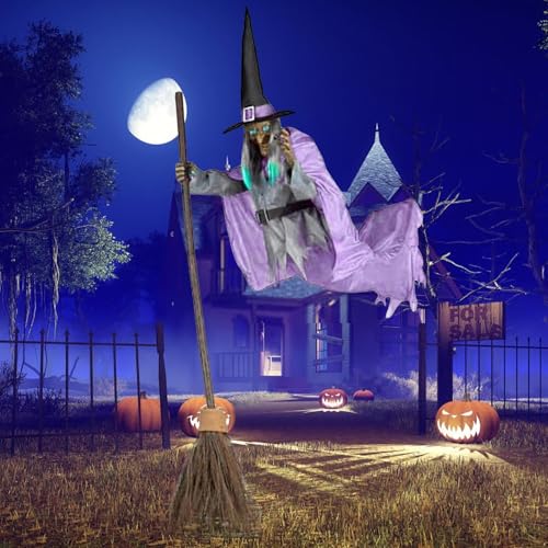 6FT Animated Flying Witch Halloween Decor with Scary Sounds and Lights J25368