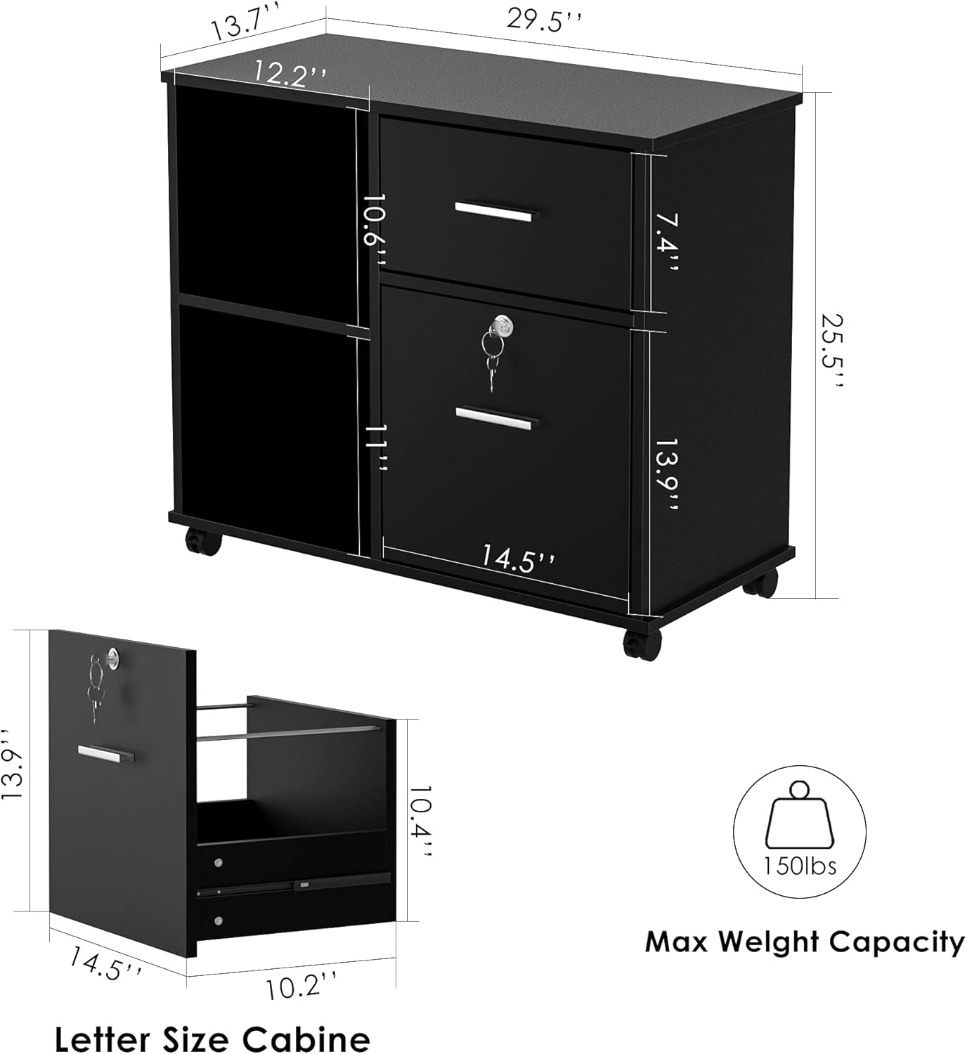 Black Wood Lateral File Cabinet with Lock H30498