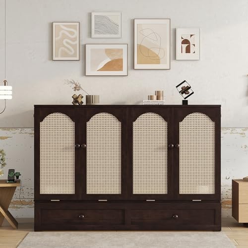 Queen Murphy Bed Cabinet with Charging Station & Rattan Design – Wall Bed with Large Storage Drawer, Foldable Platform Bed – Pine Wood Construction, Walnut M34960