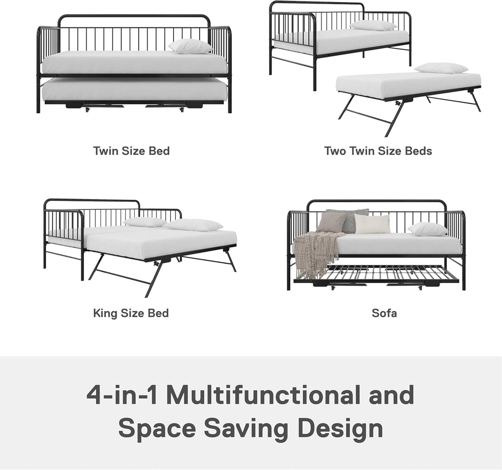 Black Metal Twin Daybed with Pop Up Trundle Bed T5221