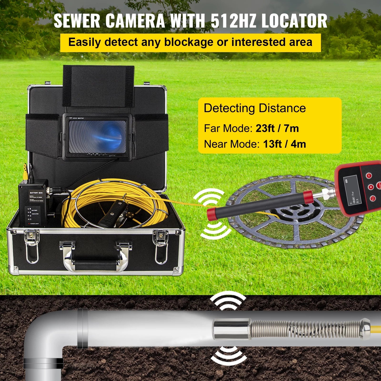 165' Cable Waterproof IP68 Sewer Camera with 512Hz Sonde Transmitter & Receiver T38692