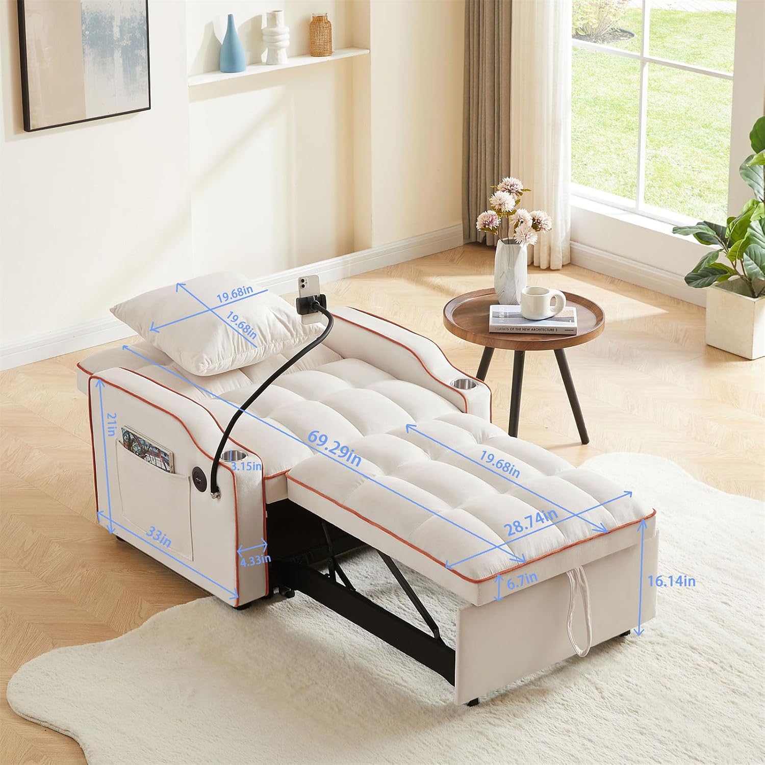 3-in-1 Convertible Pull Out Sleeper Chair Bed with Multi-Pockets M3240