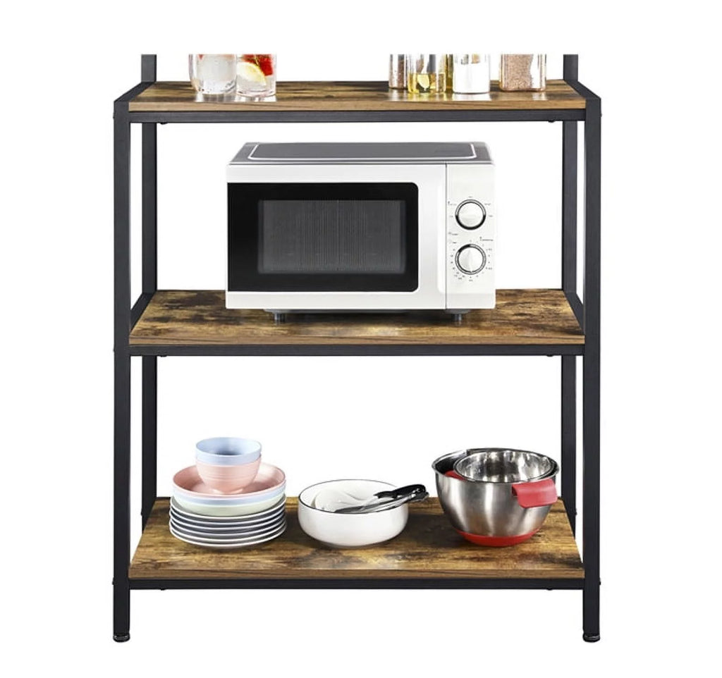 67" Wooden Rustic Brown Bakers Rack with 4 Storage Shelves & 10 Hooks E3386