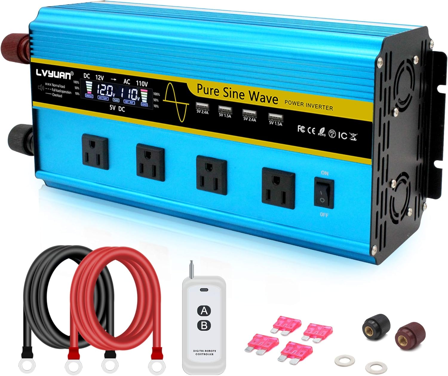 3000 Watt Pure Sine Wave Inverter 12V to 110V DC to AC with LCD Display 4 AC Sockets 4 USB Ports G326
