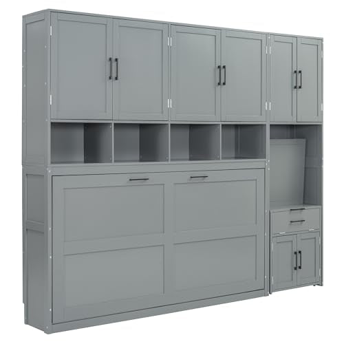 White Twin Size Wooden Murphy Bed with Closet Drawers Desk S3281
