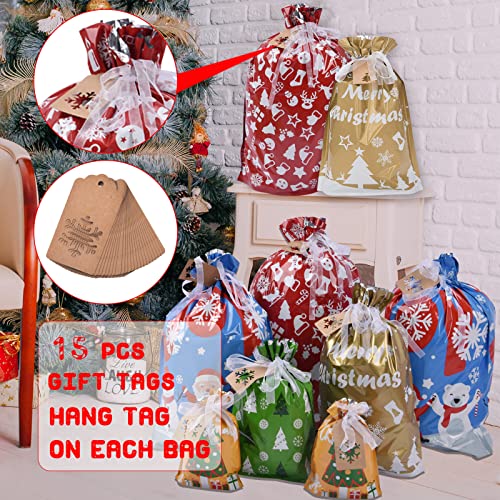 22pcs Drawstrings Christmas Gift Bags Assorted Sizes Reusable Plastic H58334