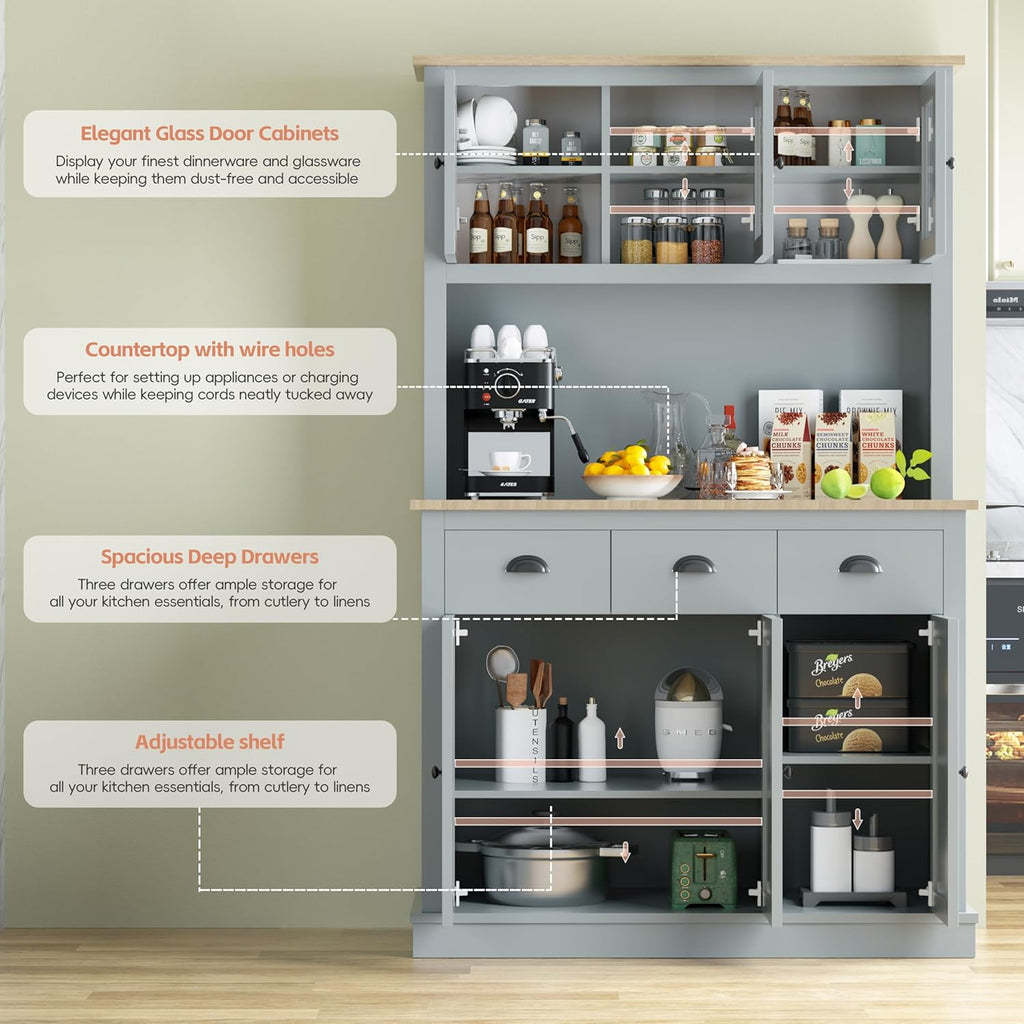 Grey Kitchen Hutch Storage Cabinet with Countertop and Drawers G810
