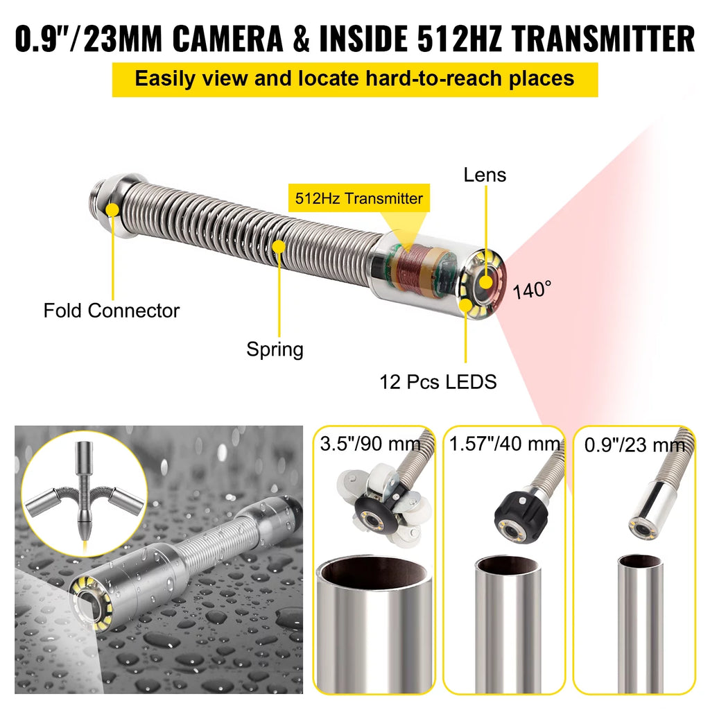 165' Cable Waterproof IP68 Sewer Camera with 512Hz Sonde Transmitter & Receiver T38692