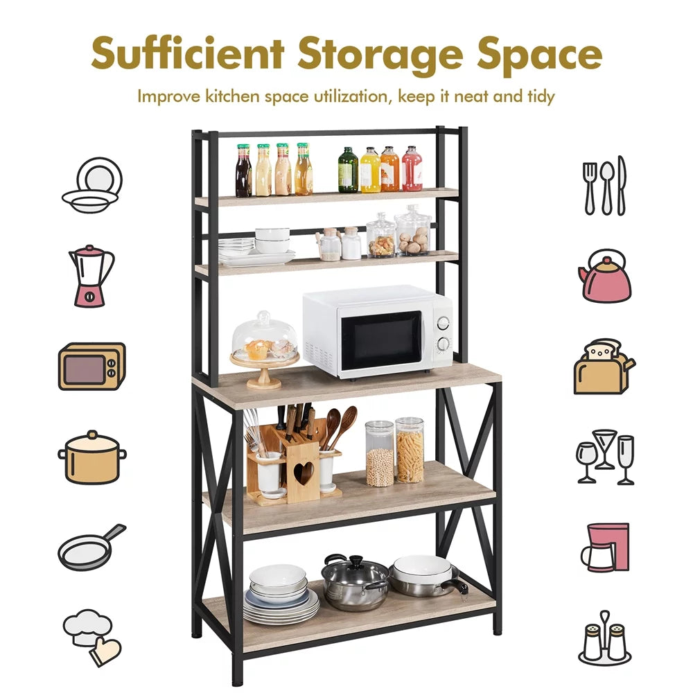 5-Tier Industrial Wood Baker’s Rack Storage Shelf, Gray P711518