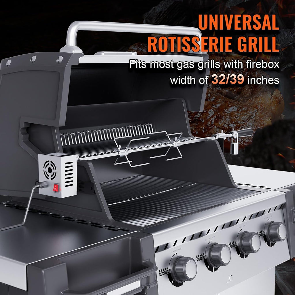 Heavy Duty Stainless Steel Grill Rotisserie Kit with 9W Motor - 32-Inch Hexagon Spit Rod - 26 Lbs Capacity X898