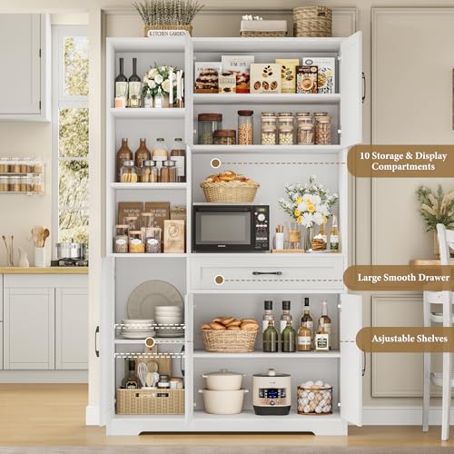 71" Tall Kitchen Pantry Storage Cabinet with Microwave Stand, Barn Doors, Large Drawer and Shelves, Ash Grey F204