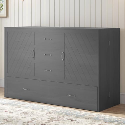 Queen Size Solid Wood Murphy Bed with Foam Mattress and 2 Storage Drawers Y745132