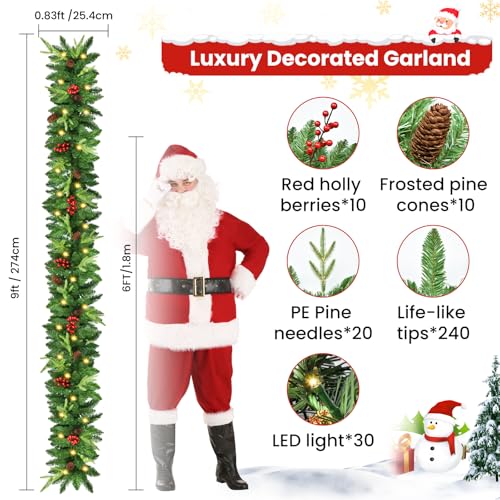 9ft Pre-Lit Artificial Christmas Garland with Pine Cones & Red Berries T8849