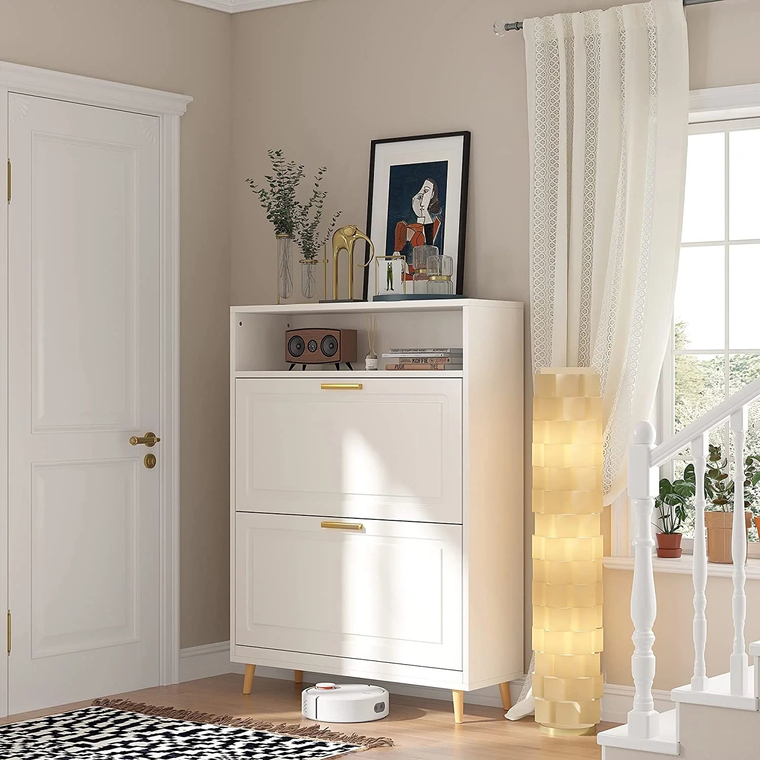 White Narrow Shoe Cabinet with 2 Flip Drawers K61819