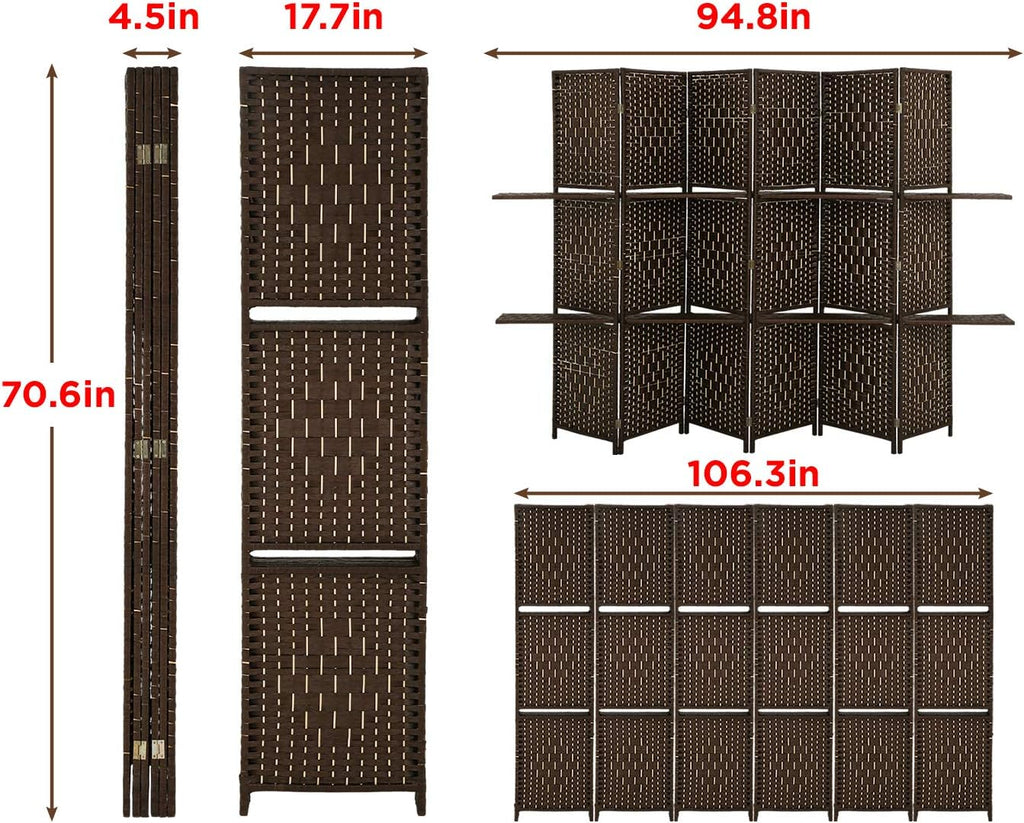 Brown 6 Panel Wooden Folding Room Divider with Shelves A4265