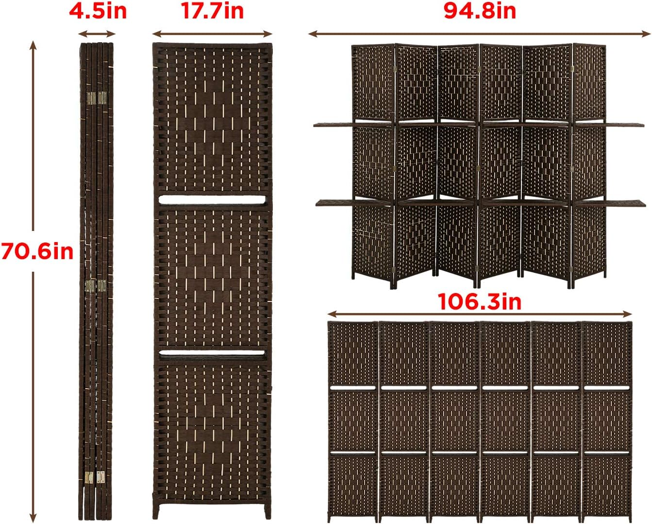 Brown 6 Panel Wooden Folding Room Divider with Shelves A4265