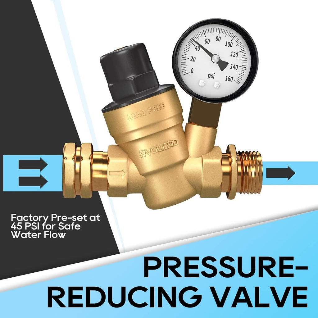 Brass Lead-Free Adjustable RV Water Pressure Regulator Valve with Gauge and Inlet Screen Filter T994894