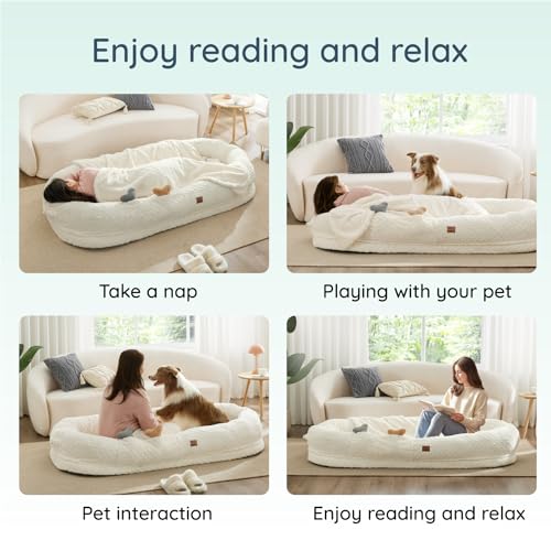 Ivory White 72"x40"x10" Faux Fur Orthopedic Foam Dog Bed with Blanket O434331
