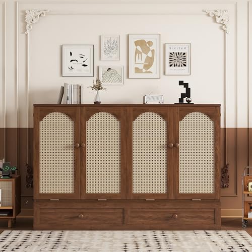 Queen Murphy Bed Cabinet with Charging Station & Rattan Design – Wall Bed with Large Storage Drawer, Foldable Platform Bed – Pine Wood Construction, Walnut M34960