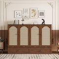 Queen Murphy Bed Cabinet with Charging Station & Rattan Design – Wall Bed with Large Storage Drawer, Foldable Platform Bed – Pine Wood Construction, Walnut M34960