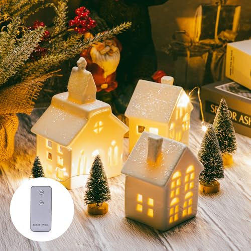 7 Pcs Christmas Porcelain Village Tabletop Figurine LED House Decorations J40535
