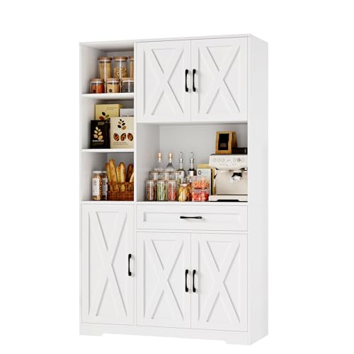 71" Tall Kitchen Pantry Storage Cabinet with Microwave Stand, Barn Doors, Large Drawer and Shelves, Ash Grey F204