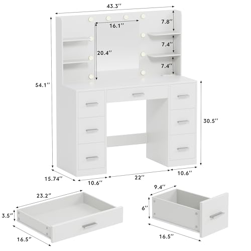 White Vanity Desk with LED Lighted Mirror and 7 Drawers H21419