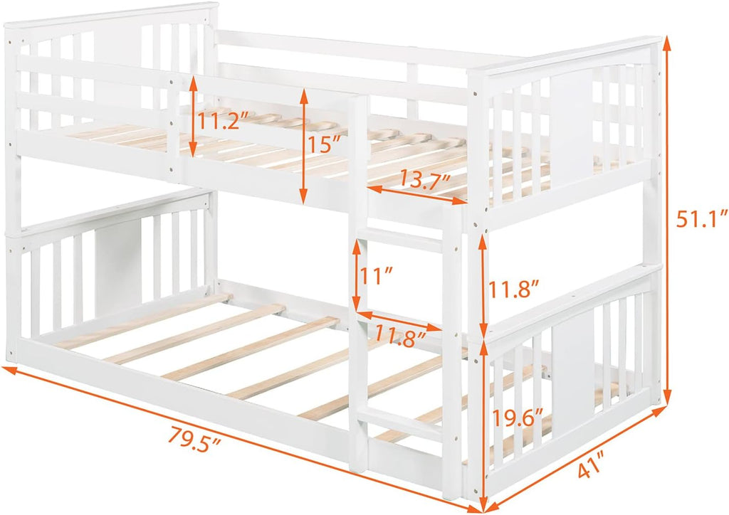 White Twin over Twin Low Bunk Bed Frame Wood R320