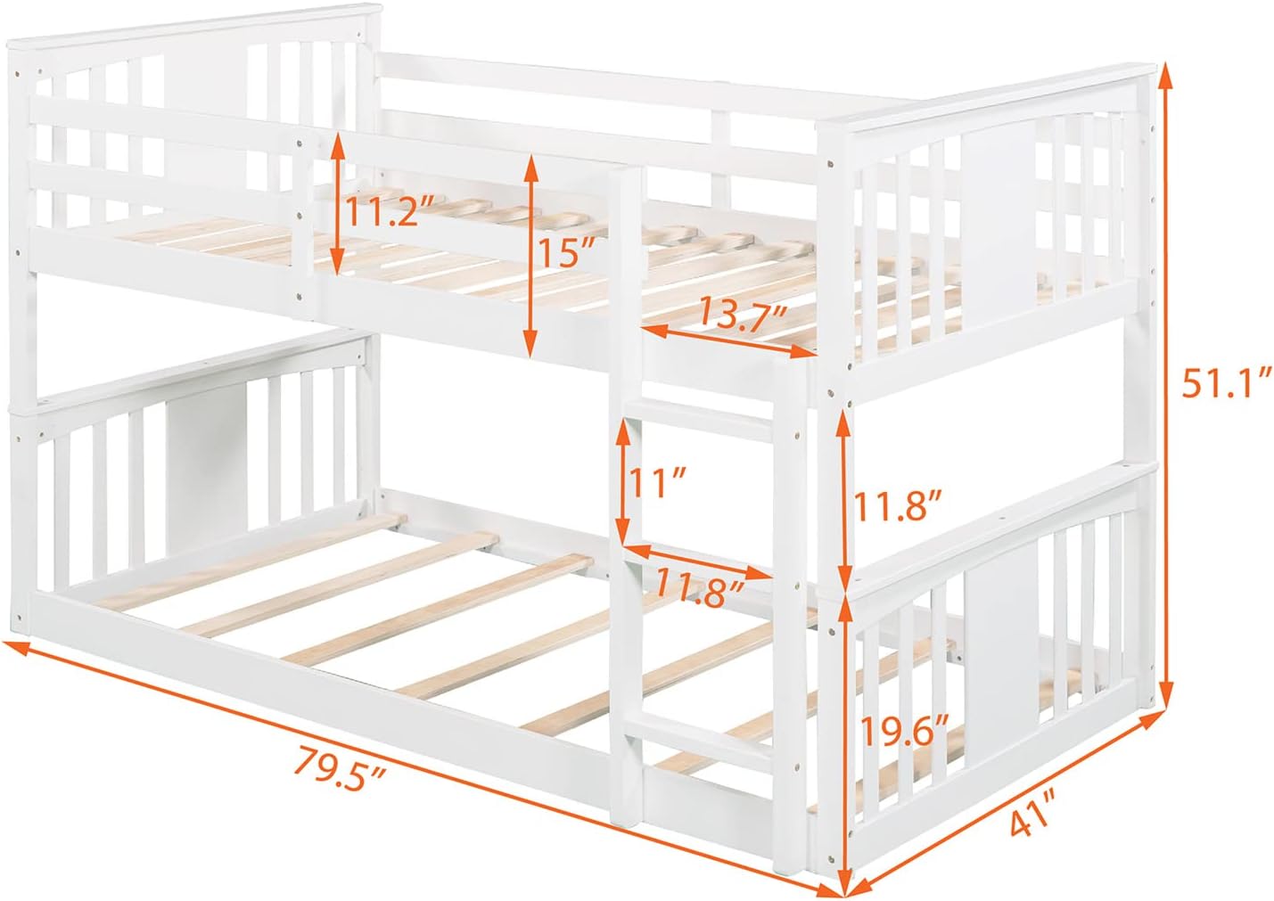 White Twin over Twin Low Bunk Bed Frame Wood R320