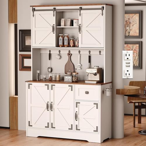 White Kitchen Pantry Cabinet with Charging Station and Microwave Stand K96578