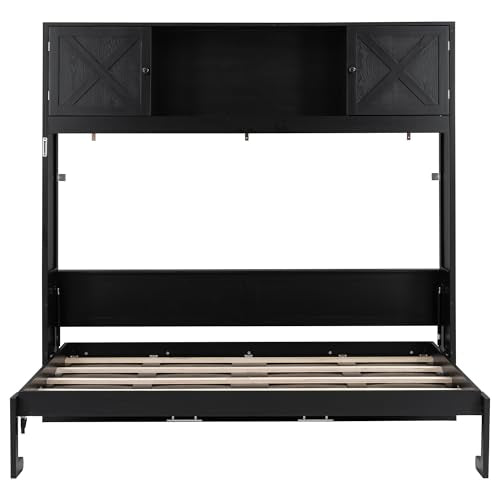 Black Full Horizontal Murphy Bed with Shelves and Storage Bookcase J615