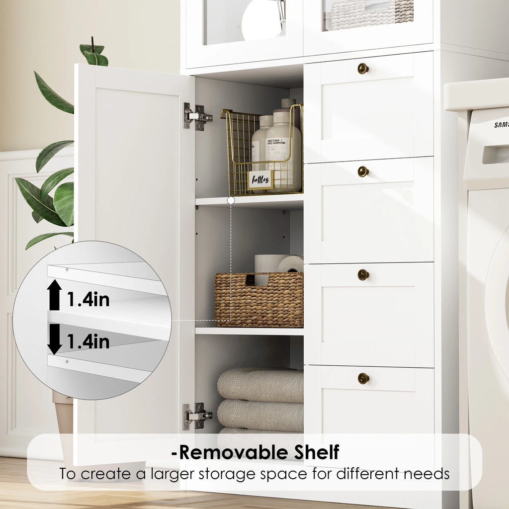 White 70.9" Bathroom Cabinet with Glass Doors and 4 Drawers J41852