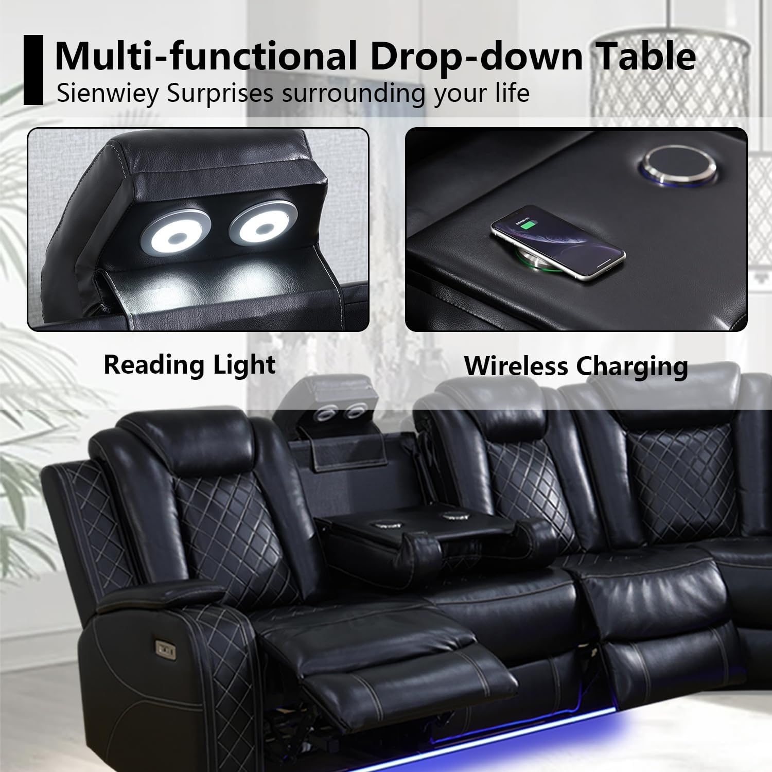 Black Leather Power Reclining Sectional Sofa J11833