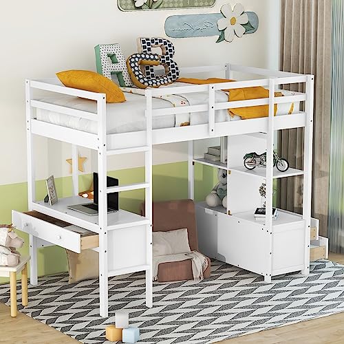 Full Size Solid Wood Loft Bed Frame with Desk and Storage S402977