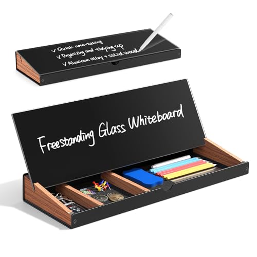 Small White Glass Dry Erase Board with Aluminum Frame and Wooden Storage Compartment F726632