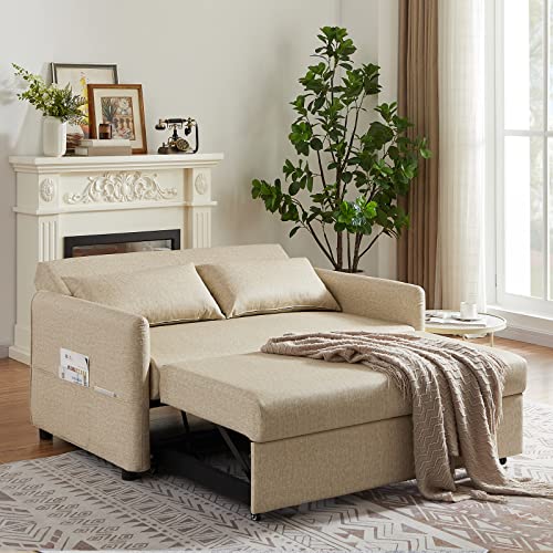 Convertible Sleeper Sofa Bed 57 Inches Velvet 2 Seats with Pull Out Bed Adjustable Backrest 2 Pillows Side Pocket Light Brown P8510