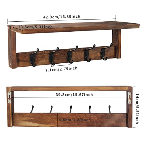 2 Pack Rustic Brown Wood Wall Mount Coat Rack with Shelf Z4270
