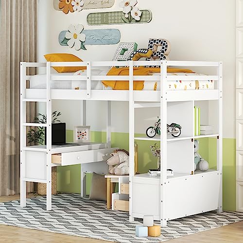 Full Size Solid Wood Loft Bed Frame with Desk and Storage S402977