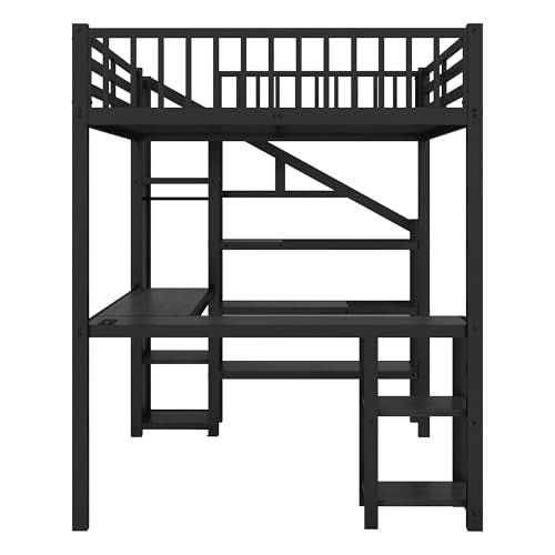 Black Full Size Metal Loft Bed with L-Shaped Desk and USB Port M21822