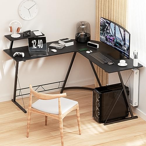 Black L Shaped Gaming Desk with Metal Frame D417