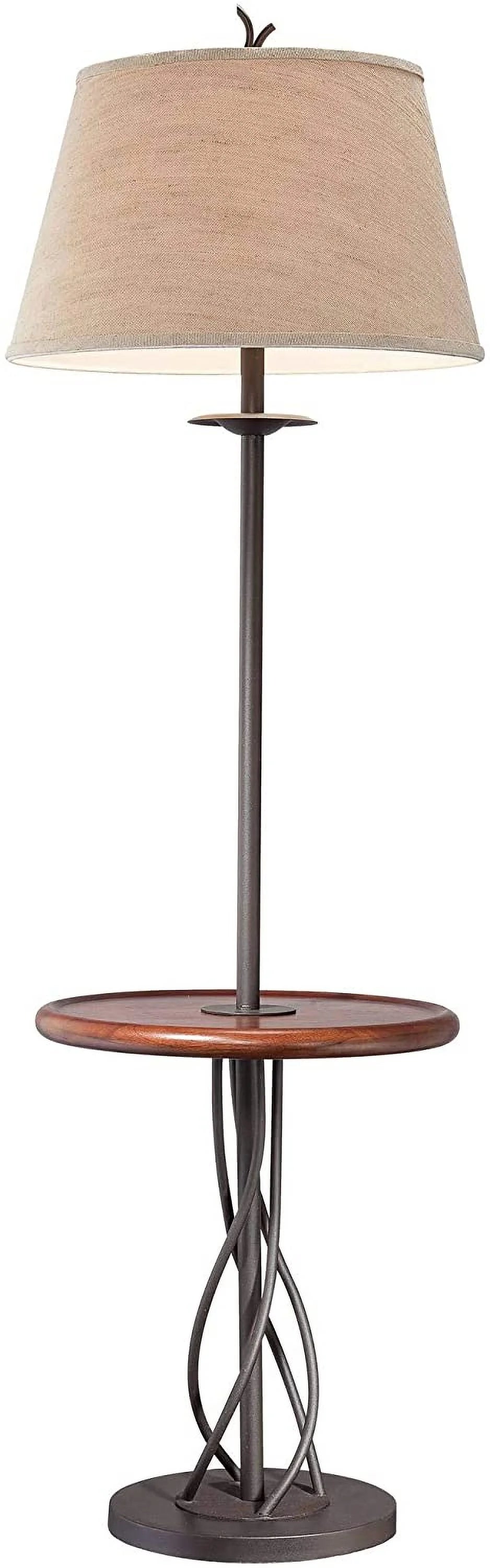 Rustic Farmhouse Floor Lamp with Tray End Table 63.5" Tall Wood Twisted Iron Base Brown Linen Fabric Tapered Drum Shade W598
