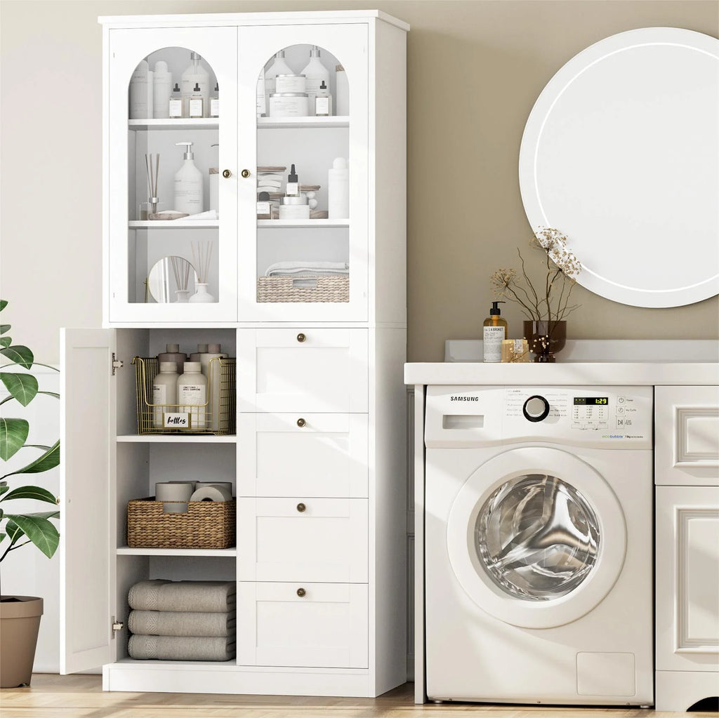 White 70.9" Bathroom Cabinet with Glass Doors and 4 Drawers J41852